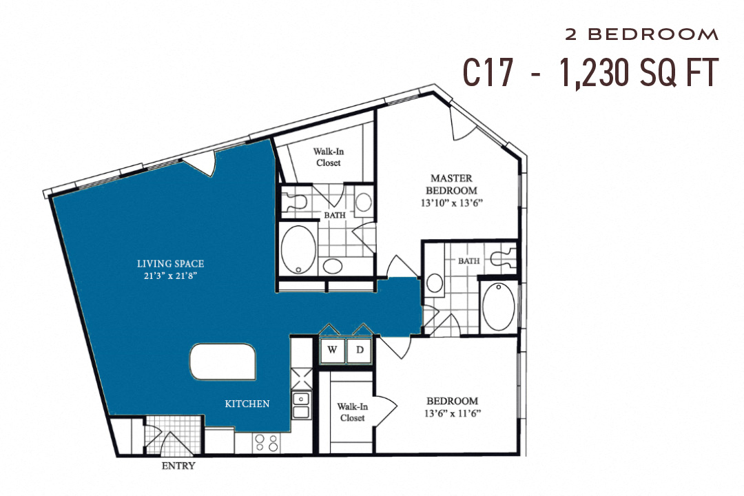 Floor plan for 2 beds, 2 baths, 1230 sqft